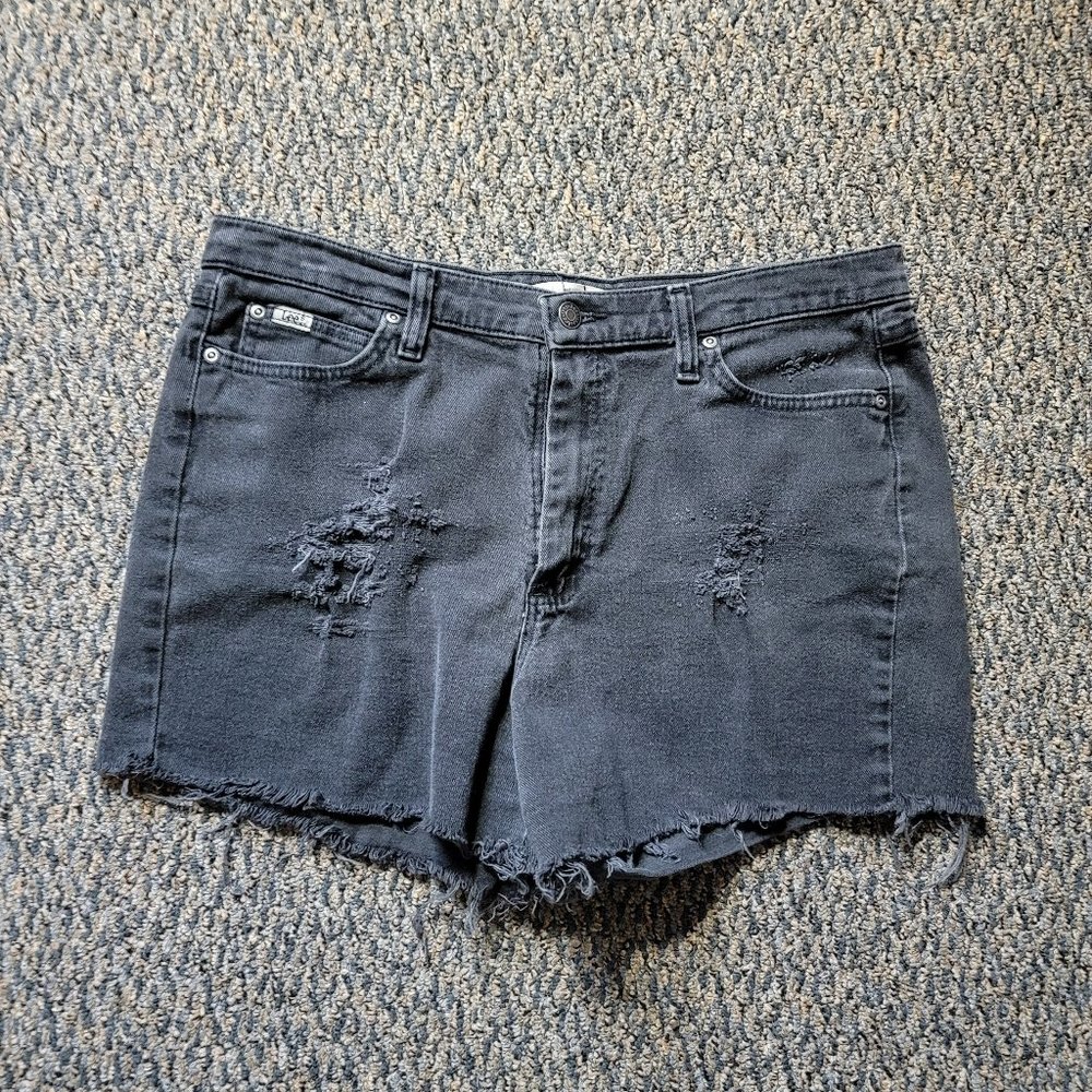 Vintage Lee Relaxed at the Waist Distressed Black Cut Off Denim Shorts Size 14